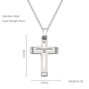 Detail of stainless steel cross pendant with diamond, showing size 36x25mm and weight