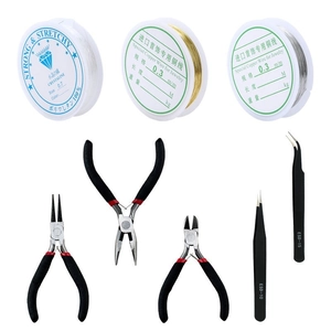 DIY jewelry making tool kit with pliers, tweezers, copper wire and elastic string set