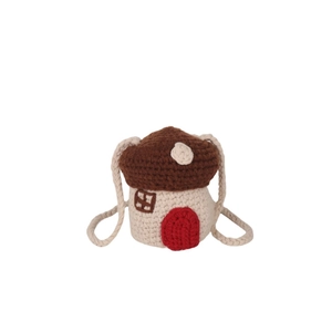 Handmade knitted crossbody bag with creative mushroom house design and woven strap