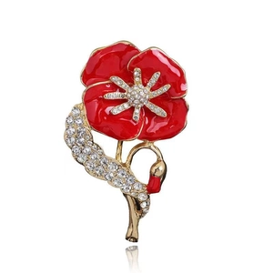 Elegant red poppy flower brooch with sparkling crystals and gold-plated alloy finish
