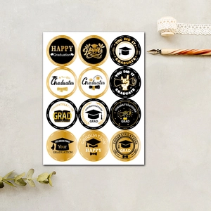 Detailed sheet of 12 unique graduation seal stickers in black, white, and gold colors