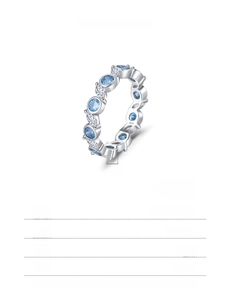 Size chart for 925 sterling silver ring with blue gems showing width and weight details