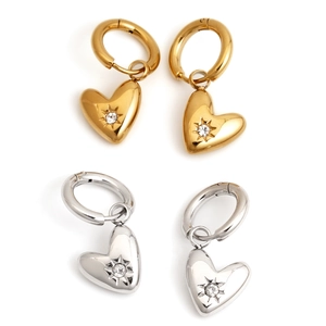 Heart Pendant Hoop Earrings Stainless Steel Cubic Zirconia Starburst Setting Waterproof Non-Tarnish Elegant For Women