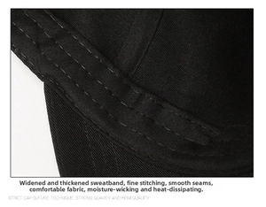 Detail of the widened sweatband and fine stitching inside this black baseball cap