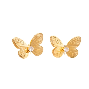 Exquisite gold-tone butterfly stud earrings with radial wing texture and clear zircon center