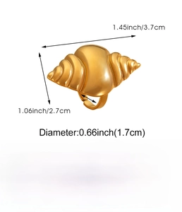 Macro view of 18K gold plated conch shell ring with detailed product dimensions and specs