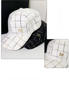 Detail of tweed baseball caps with metallic M logo and gold-threaded woven pattern