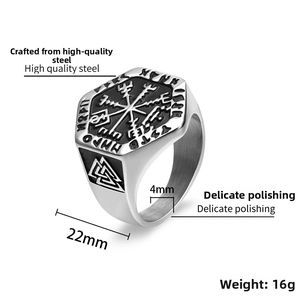 Detailed view of Nordic Viking compass ring with 22mm width and Valknut side symbols