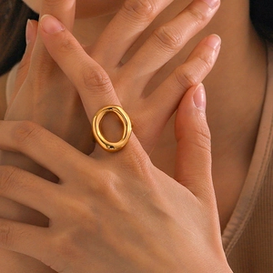 Polished 18k gold stainless steel oval ring on finger for a minimalist fashion look