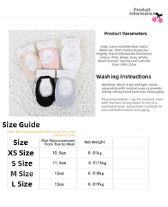 Detailed size chart for girls' lace cotton boat socks showing measurements from XS to L