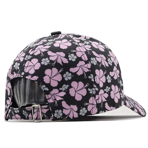 Black floral baseball cap for women with pink hibiscus print and metal buckle