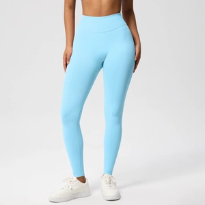 Detailed view of light blue seamless yoga pants with a wide ribbed high waistband for tummy control