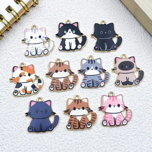 Set of 10 colorful enamel cat pendants in gold metal alloy for DIY jewelry making