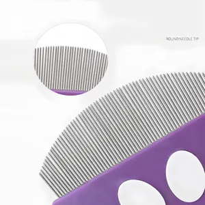 Purple pet grooming comb with fine metal teeth and round needle tips for cat face care