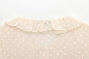 Close-up of apricot sheer tulle blouse featuring Swiss dot texture and ruffled collar details