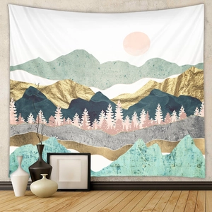 Detail of mountain tapestry showing abstract layered landscape for home wall decor