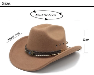 Brown wool cowboy hat featuring a braided band with Hamsa Hand and evil eye charms