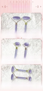 Macro shot of purple resin face roller set with smooth polished texture and gold metal frame