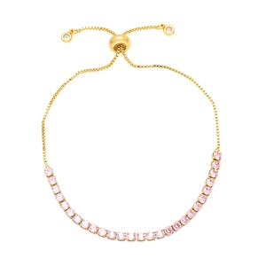 Detail of adjustable gold box chain with sparkling pink round-cut cubic zirconia crystals