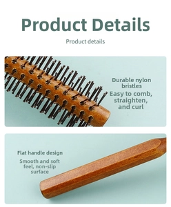 Détails du manche en bois antidérapant et des poils en nylon de la brosse à cheveux ronde pro
