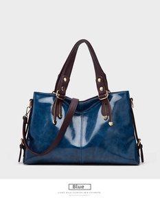 Blue and brown leather tote shoulder bag, large capacity stylish commuting handbag for women.