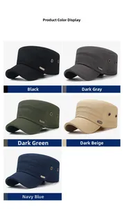 Detail view of cotton flat top military caps showing side metal eyelets in five colors