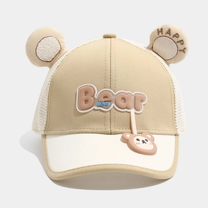 Detail of baby mesh cap featuring cute 3D bear ears and intricate animal embroidery