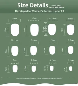 Size chart for 24 pieces of short round press-on nails in 12 different width dimensions