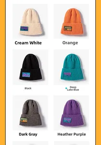 Detail view of ribbed knit beanies in six colors with authentic label fabric patches