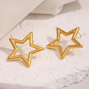 Detailed close-up of 18K gold-plated stainless steel hollow star stud earrings