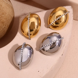 Oval 18K gold and silver plated stainless steel stud earrings with zircon stones