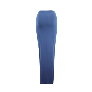 Detail view of a long blue midi skirt with refined split design and slimming floral texture