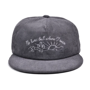 Close-up of cactus and mountain embroidery on dark grey corduroy five-panel cap