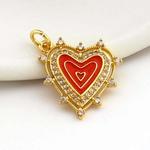 Elegant gold heart pendant with red enamel and pavé zircon stones for DIY jewelry