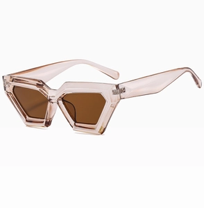 Macro detail of geometric cat-eye sunglasses with transparent frame and wide temples