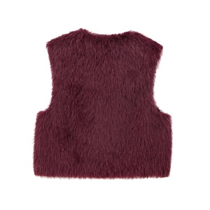 Detailed back view of a plush purple faux fur vest showing dense and soft hairy texture