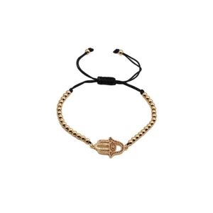 Adjustable black cord bracelet with gold beads and a sparkling Hamsa Hand charm