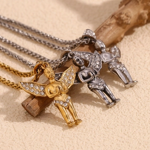 Men's 18K gold and silver plated angel pendants with rhinestones on twisted chains