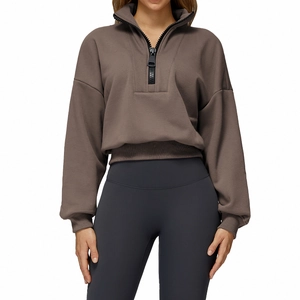 Brown oversized half-zip windproof sports sweatshirt with stand collar and ribbed cuffs