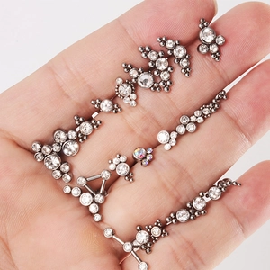 Polished stainless steel lip studs and tragus earrings with sparkling crystal clusters