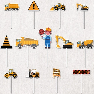 Construction Vehicle Cupcake Toppers Glitter Paper Excavator Theme For Kids Birthday Party Cake Decorations
