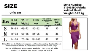 Size chart for knit two-piece set including halter top and mini skirt with measurements