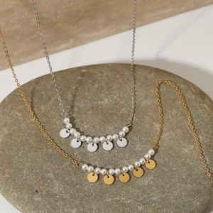 Minimalist stainless steel necklaces with pearls and gold or silver round pendants