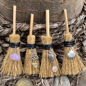 Mini decorative witch brooms with bamboo handles and assorted natural stone pendants