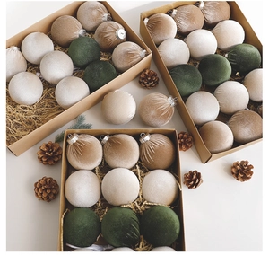 Detail of 8cm flocked velvet Christmas balls in green and champagne with metal hooks
