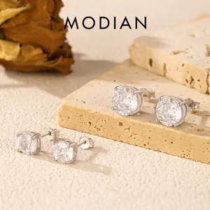 Round Zircon Stud Earrings With 925 Sterling Silver Earring Post Classic Four Prong Sparkly Jewelry For Women Minimalist Style
