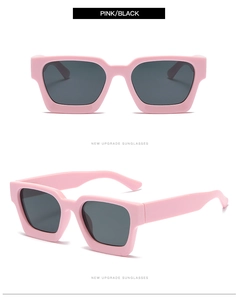 Detalle de las gafas de sol cuadradas rosas con lentes gris oscuro y montura gruesa