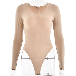 Detail of beige V-neck long sleeve bodysuit with elastic fabric on a clear mannequin