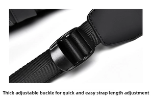 Detail of adjustable black nylon shoulder strap with matte plastic buckle on men's backpack
