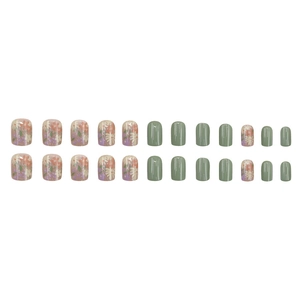 24pcs floral art press-on nails with morandi green and glitter sparkle design